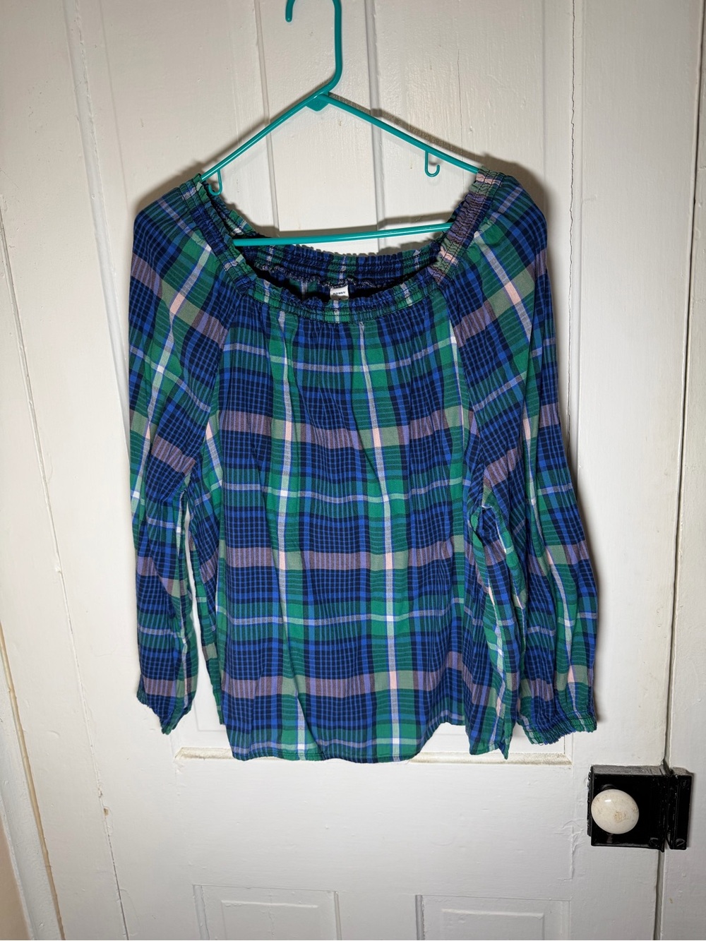 💙 Old Navy Blue and Green Plaid Off-Shoulder Peasant Blouse